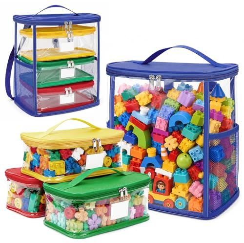 UHAPEER 4 Pack Toy Storage Bags with Clear Windows, PVC Waterproof Toy Organizer with Zipper & Lables, Reusable Toy Organizer Case for Blocks, Dolls, Kids Books, Board Games, Stationery, Building