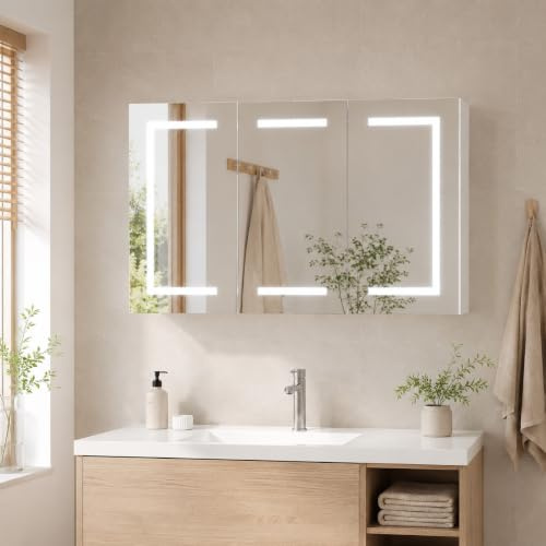 PerGar Armario con espejo LED para baño de 3 puertas con iluminación, enchufe, 3 colores claros, antivaho, estantes ajustables en altura y dispensador de pañuelos cosméticos