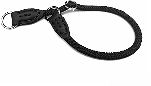 Zugstopp Nylon Halsband rund, schwarz mit Lederbesatz (40cm x 8mm)