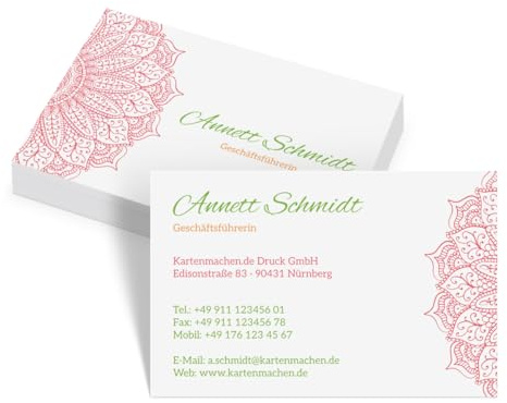 Individuelle Visitenkarten von 100 bis 2.500 Stück personalisiert selbst gestalten Erfrischende Blume Motiv, eigener Text, dickes 300g/qm Papier, 85x55mm, beidseitiger klarer intensiver Druck