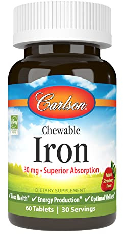 Carlson - Chewable Iron, 30 mg, Superior Absorption, Blood Health, Energy Production & Optimal Wellness, Natural Strawberry Flavor, 60 Tablets
