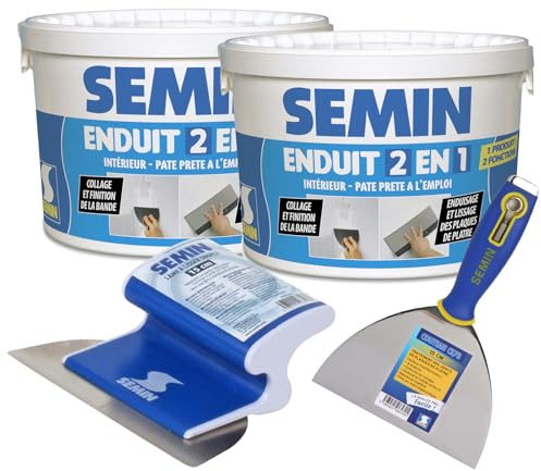 Semin A06057 Enduit 2 en 1 Multifonctions - Joint et Lissage Plaque de Plâtre, Intérieur, Seau de 7 kg (Lot de 2), A06570 Couteau à Enduire, 15 cm et A06318 Lame CE 78 pour Enduire et Lisser, 15 cm