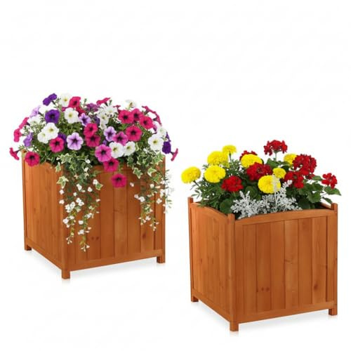 Melko Blumenkübel Pflanzkübel 2 Stück Holz für Innen und Außen 50x50x50 cm | Fichte mit schützendem Innenmaterial gegen Feuchtigkeit, schmale Panele im Landhausstil, Braun, für Sträucher und Kräuter