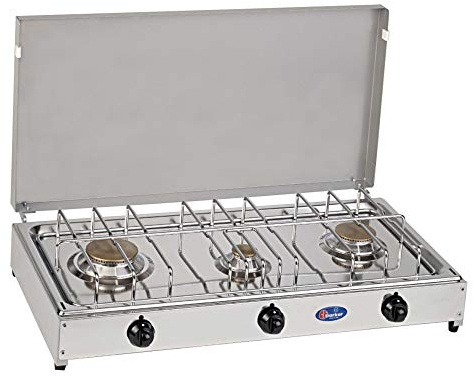 Altigasi Premier Réchaud de table Parker gaz méthane 3 feux avec soupape sécurité usage intérieur plan en acier inoxydable châssis gris 5523RSGM