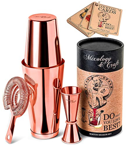 Mixology - Coctelera Boston Shaker Set profesional de Martini con peso, colador y medidor japonés, juego de barra portátil para mezclador de bebidas, tarjetas de recetas exclusivas (cobre)