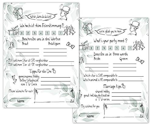 PICTALOO Zweisprachige Hochzeit Gästebuchkarten mit witzigen Fragen zum Ausfüllen, Hochzeitsspiel für Hochzeitsgäste, Hochzeitsfeier, Gäste-Wünsche, Wunschkarten, Gästebuch Alternative, 55 Stück