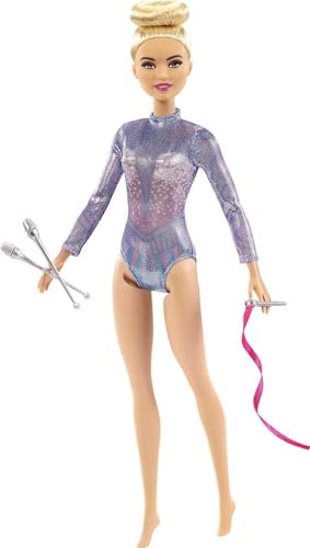 Barbie Rhythmic Gymnast Blonde Doll (12-in/30.40-cm) with Colorful Metallic Leotard, 2 Clubs & Ribbon Accessory, Great Gift for Ages 3 Years Old & Up, GTN65