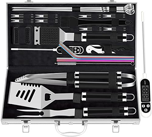 ROMANTICIST Extra Dickes Edelstahl-Grill-Werkzeug-Set für Herren, 26-teiliges Grillzubehör-Set für Hinterhof, Grillutensilien, Geschenk-Set mit Korkenzieher für Geburtstag (schwarz)