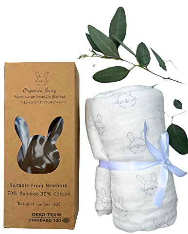 Organic Sury 70% Bamboo 30% cotton Blanket for Multi Use suitable for newborn to toddler. 120 * 120 cm 47x47 Extra Large Unisex neutral prints for Stroller cover, Swaddling, Bath towel and more