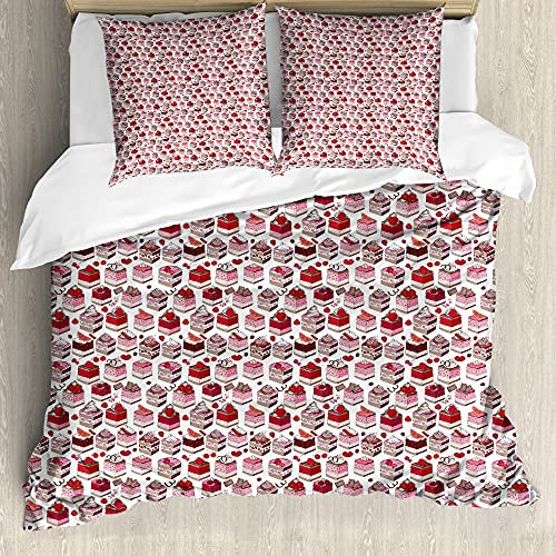 ABAKUHAUS Dessert Fitted Sheet, Delicious Cake Slices Food, Decorative 3 Piece Bedding Set with 2 Pillow Shams, 155 cm x 200 cm - 80 x 80 cm, Multicolor