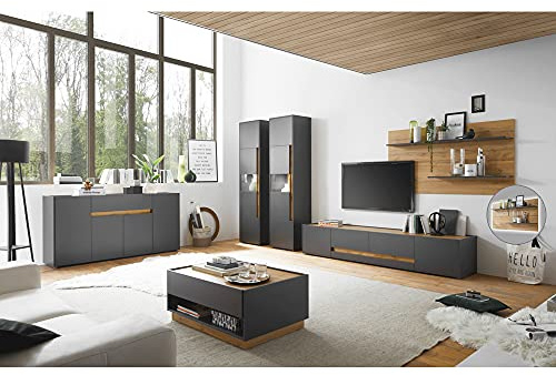 Lomadox Komplettes Wohnzimmer Set mit LED Beleuchtung in anthrazit mit Absetzungen in Wotan Eiche Nb.