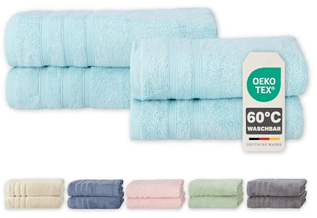 Müskaan® 4er Bambus Handtuch Set Aqua, 50% Baumwolle & 50% Bambus, 450g/m² – 2X Duschtuch 70x140cm & 2X Handtuch 50x100cm – Öko-Tex, Frottee Handtücher Set Baumwolle, Handtuchset Blau, 60°C waschbar