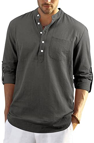 Enlision Maglietta Lino Uomo Casual Collo Coreana Primavera Autunno Manica Lunga Hawaiana Camicia Mare Uomo Grigio Scuro per Interni, Lavoro e Viaggie L