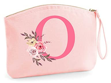 Schminktasche mit rosa Blumen und Monogramm | Personalisierte Kosmetiktasche Reiseetui Ordnungshüter Mädchen Damen L (28x22 cm) (rosa)