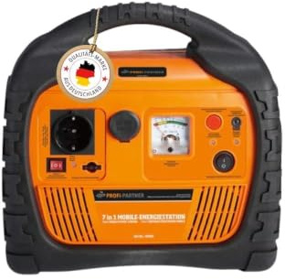 Profi-Partner Mobile Energiestation, Auto-Starthilfe mit Kompressor, 600 A | tragbare Powerstation, 12 V/230 V Spannungswandler-Steckdose 400 W, LED-Scheinwerfer, Radio, USB-Powerbank, mit Adaptern