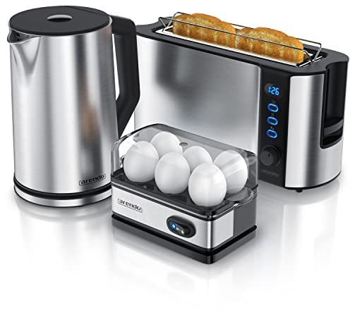 Arendo - Wasserkocher mit Toaster SET und Eierkocher, Edelstahl Silber Wasserkocher 1,5L 40° - 100°C, Toaster 2 Scheiben LED-Display 6 Bräunungsgrade Eierkocher 1-6 Eier Messbecher BPA frei