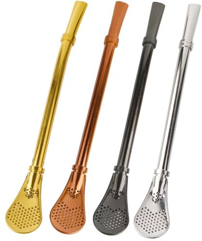 4 Stück Strohhalme Löffel, Edelstahl Trinkhalme Löffel, Wiederverwendbare Filterlöffel, Trinklöffel, Langer Trinklöffel, für Tee, Kaffee, Zitronentee, Saft, Cocktailkaffee und Tee(Silber)