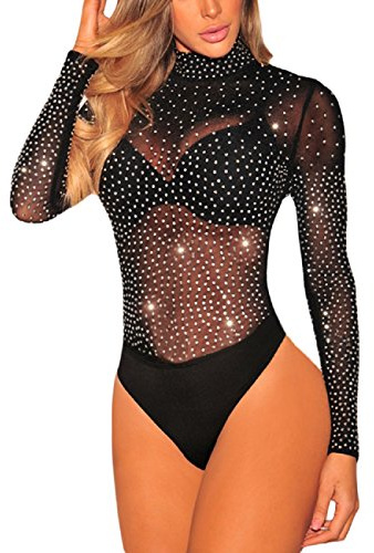 MAYFASEY Damen Bodys Sexy Langarm Mesh Durchsichtiger Jumpsuit Body Top
