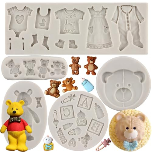 MYPRACS Lot De 5 Moules À Gâteau En Silicone Pour Fondant En Forme D'ours En Silicone Pour Fête Prénatale Cupcakes Décoration De Gâteau D'anniversaire Bonbons Chocolat Pâte À Gomme Pâte Polymère