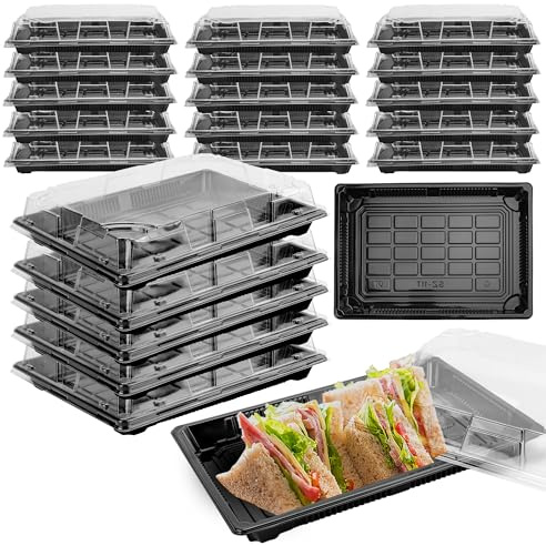 WeeGoo 25 Pcs Sandwich Platter Trays with Lids Buffet Trays with Lids Black Base Catering Platter Tray with Lid Meal Prep Containers with Lid for Party Food, Cakes, Sushi (26 x 19 x 5 cm)