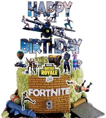 9pcs Video Game Cake Toppers Cake Decorations, 1 Large Happy Birthday Topper 8 Small for Video Game Cupcake Toppers Happy Birthday Cake Decorations for Sandbox