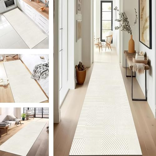 SUCERU Teppich Läufer Küchenteppich Flur Läufer Waschbar Küchenläufer 60X400CM Beige gestreift rutschfest Outdoor Teppich Für Badezimmer Wohnzimmer Schlafzimmer Kinderzimmer Flur Läufer