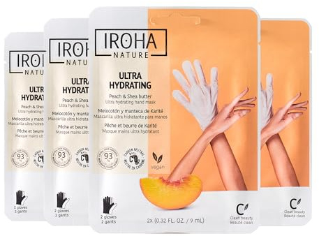 IROHA NATURE Repairing Hand Mask Gloves | 4 Pairs | Peach & Shea Butter | Hydration & Repair for Damaged & Cracked Hands | Vegan & 93% Natural Ingredients