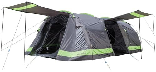 Skandika Tunnelzelt Kambo für 12 Personen | Camping Zelt mit 2 Schlafkabinen für 6 Mann, Wasserdicht mit 3000 mm Wassersäule, 3 Eingänge, Sonnendach, Vorzelt | Familienzelt, Campingzelt, Outdoor