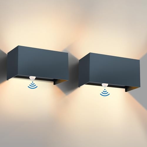 vatato 24W Außenwandleuchte mit Bewegungsmelder, IP65,3000K Warmweiß LED Wandleuchte Außen/Innen Aluminium, Einstellbarer Lichtstrahl außenlampe mit bewegungsmelder für Flur/Weg (Anthrazit 2 Stück)