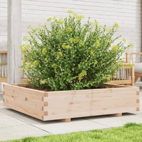 Homgoday Jardinera de jardín de 100 x 100 x 26,5 cm, de madera maciza de pino, decoración de muebles, jardinera de exterior, jardinera con rejilla para jardín