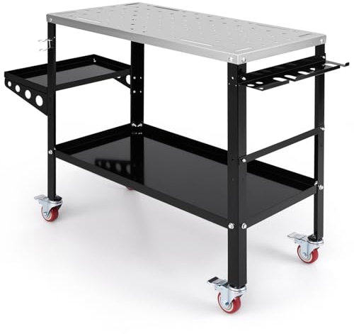 COSTWAY 36 x 18 Steel Welding Table With 1200lbs Capacity on Wheels, 2-Tier Workbench With Tool Rack, Tray, 5/8 Fixture Holes, 8 Slots & 2 Nozzle Holders