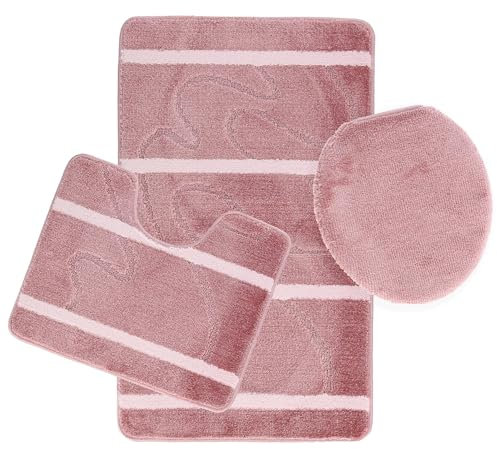 3-Teilig Bad Garnitur Badematte Badvorleger Wasser absobierend Kleine Streifenmuster rutschfest Rosa
