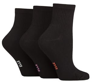 ELLE Women's Half Cushion Socks - Soft Breathable Bamboo Material for Sports, Anklet, Plain with Stripes, Size 4-8, Pack of 3 Plain Black