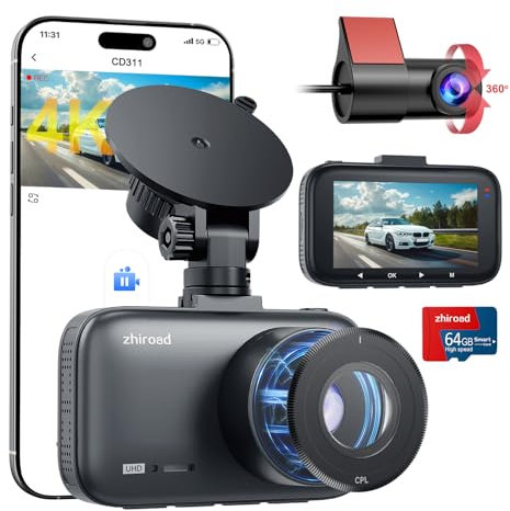 Dashcam Auto Vorne Hinten mit CPL Filter, 4K+1080P WiFi AutoKamera mit 64G SD Karte, 3 IPS-Bildschirm Dashcam mit App Steuerung, Nachtsicht, 170°Weitwinkel, G-Sensor, Loop-Aufnahme, Parküberwachung