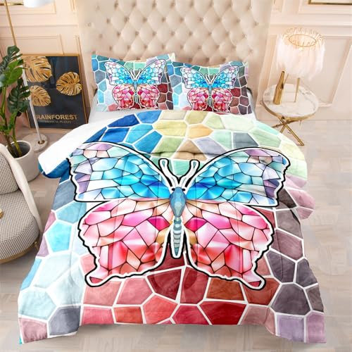 Bettdecke 140X200 Bunter Schmetterling Bettdecken 200Gsm,Dünne Und Leichte Duvet,4 Jahreszeiten Bettdecken,Weiche Mikrofaser Bettdecke Mit 2 Kissenbezüge,Warm Steppbettdecke Für Allergiker
