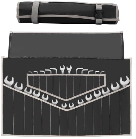 Wrench Roll Up Pouch, Wrench Organizer Bag with Handle Tools Storage Bag with 26 Pockets Small Spanner Plier Holder Multi Purpose Rolled Tool Bag Oxford Canvas Wrench Roll Pouch for Screwdriver Socket