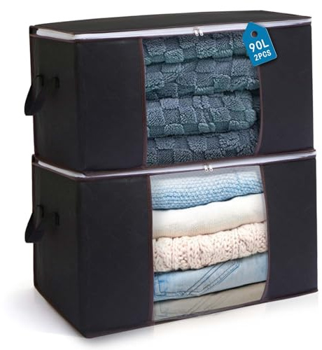 Boic 90L Bolsas Almacenaje Ropa, Cajas Almacenaje Ropa, Cajas Almacenaje Plegable, Bolsas Para Guardar Ropa Con Mango Reforzado Para Guardar, Edredones, Mantas (Negro, 2 pcs)