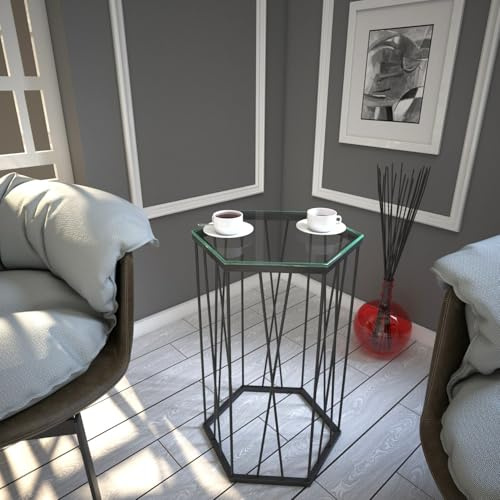 Hanah Home Mesa Lateral Industrial, Antracita, 40 x 62 x 35 cm, 100% melamina, Tablero de partículas Recubierto de melamina, 18 mm de Grosor, Patas de Metal y Suelo de Cristal, hoteles