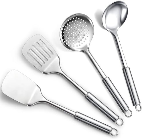 ReaNea Juego de utensilios de cocina de acero inoxidable de 4 piezas que incluye juego de espátula de metal, espumadera de cocina, cucharón de sopa esenciales para el nuevo hogar debe tener