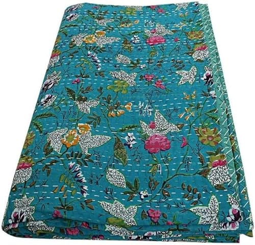 Aizza Trends Colcha Kantha de algodón hecha a mano, colcha de aspecto tradicional, Kantha Gudri, cobija vintage con puntada a mano, color azul claro