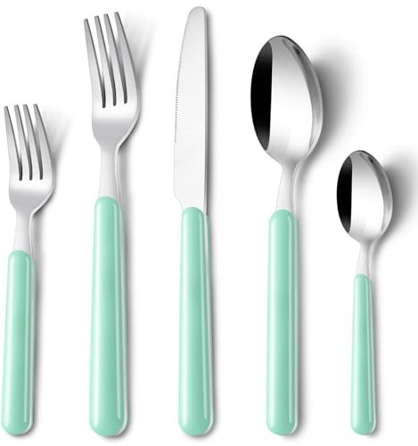 BEWOS Set di posate da 60 pezzi, servizio per 12, set di posate da cucina, set di forchette, coltelli e cucchiai verde chiaro, set di posate in acciaio inox per la casa, per le feste