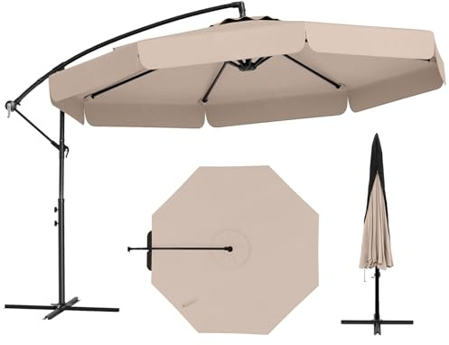 TANGZON 3M Offset Umbrella, Patio Cantilever Umbrella with Easy Tilt Adjustment, Crank, 8 Ribs, Cross Base, Cover & Ruffled Edges, Outdoor Sun Protection Shade for Poolside Garden (Beige)
