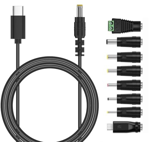 Leloco USB-C auf DC Stecker Kabel, 8 in 1 USB-C auf Universal Ladekab Netzkabel Stromkabel Adapterkabel mit 8 Stecker für Router, Rasierapparat, TV Box, Philips Hue Hub (1m, schwarz)