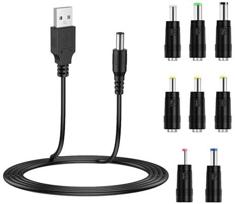 Leloco Universal USB Ladekabel DC 5V Adapter mit 8 Hohlstecker Schwarz | 8-in-1 DC Kabel Set (5.5x2.1mm) für Router, Kameras & TV-Boxen. Plug & Play Ladekabel Adapter für stabile 5V Stromversorgung