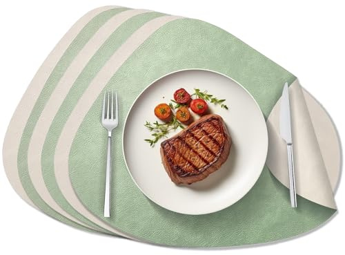 Behiruch 6er Set Tischsets Abwaschbar,Platzset Abwaschbar Oval Doppelseitig | Schmutzabweisend & rutschfest Tischsets Leder für Esszimmer, küche, 34x42.5cm (Hellgrün+Beige)