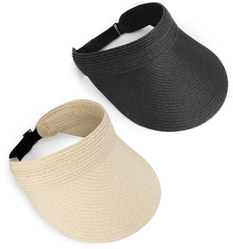 HAPPY FINDING 2Pcs Straw Hat Women Visor Hats Packable Ponytail for Travel Blackwhite