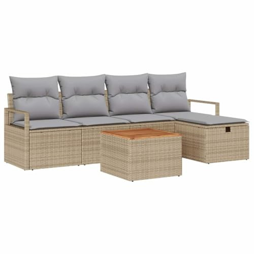 vidaXL Garten-Sofa-Set mit Kissen mit Speicher 6 pcs Beige Poly Rattan, Garten- und Terrassenmöbel, modulare Sitzgelegenheiten, UV-beständige Materialien, langlebiges Rattansofa-Set