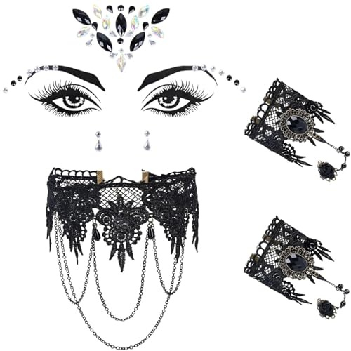 4er Halloween Schmuck Set,Gothic Schmuck Spitze Halskette & Glitzer Gesicht Edelsteine & Armbänder,Steampunk Retro Victorian Vampir Kostüm Damen Zubehör für Halloween Karneval Maskerade (Schwarz)