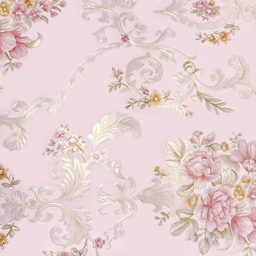 Fenoria 3D Self Adhesive Wallpaper Country Garden Embossed Non-Woven Pink Beige Blue Floral Wallpaper for Bedroom Living Room TV Feature Wall (0.53m x 3m Roll) (Pink)