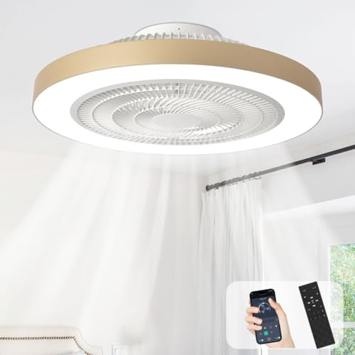 Depuley Flush Mount Ceiling Fan: 20 Inch Bedroom Modern Low Profile Led Ceiling Fans with Light - Smart APP and Remote Control Gold Bladeless Fandelier Dimmable Quiet DC Motor for Kitchen Lighting